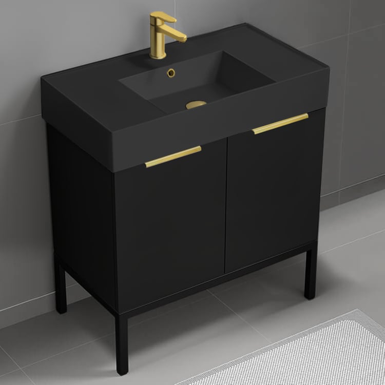 Nameeks DERIN720 Black Bathroom Vanity With Black Sink, Modern, Free Standing, 32 Inch